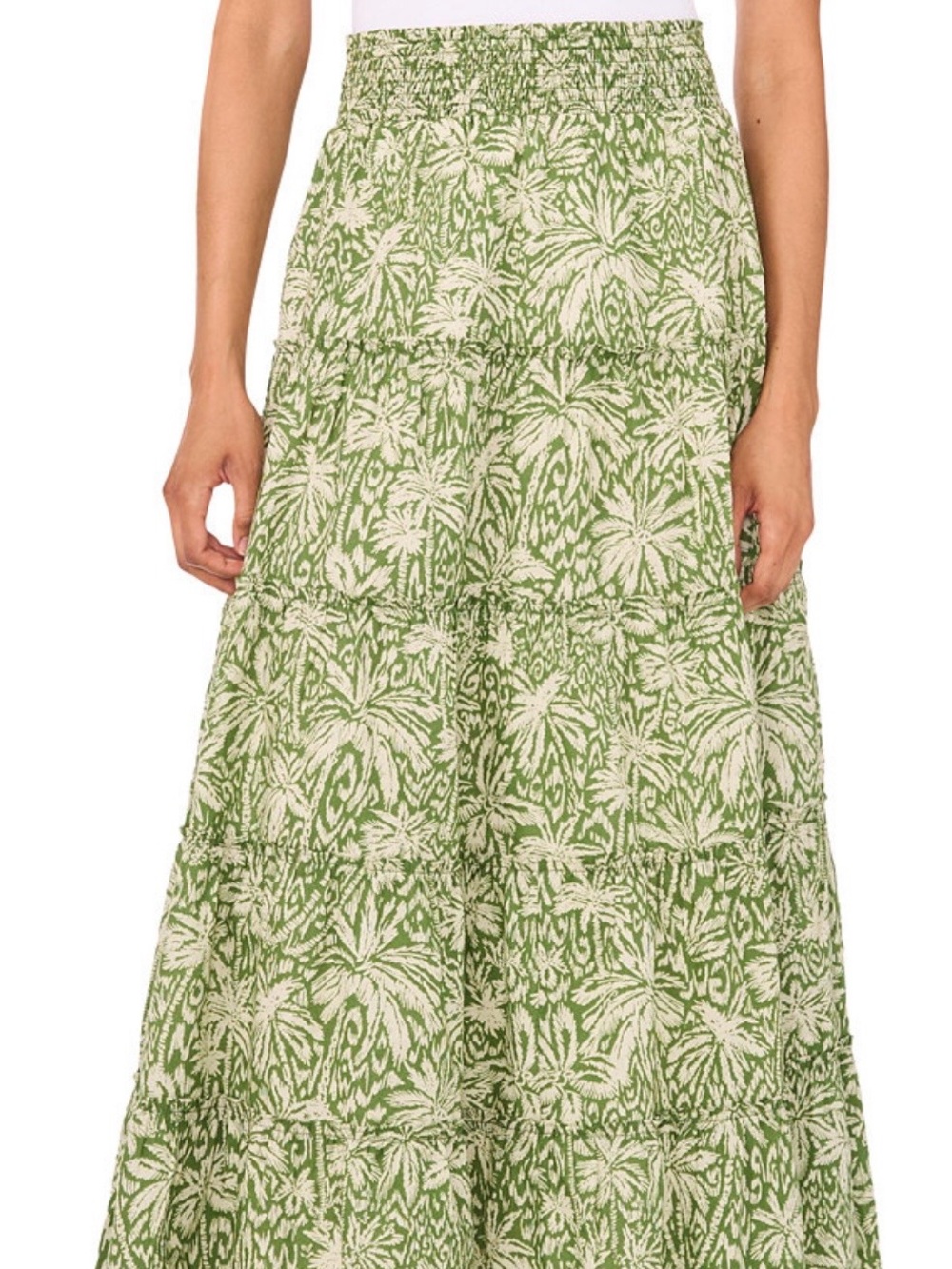 Vince Camuto Green and Cream Tiered Floral Maxi Skirt